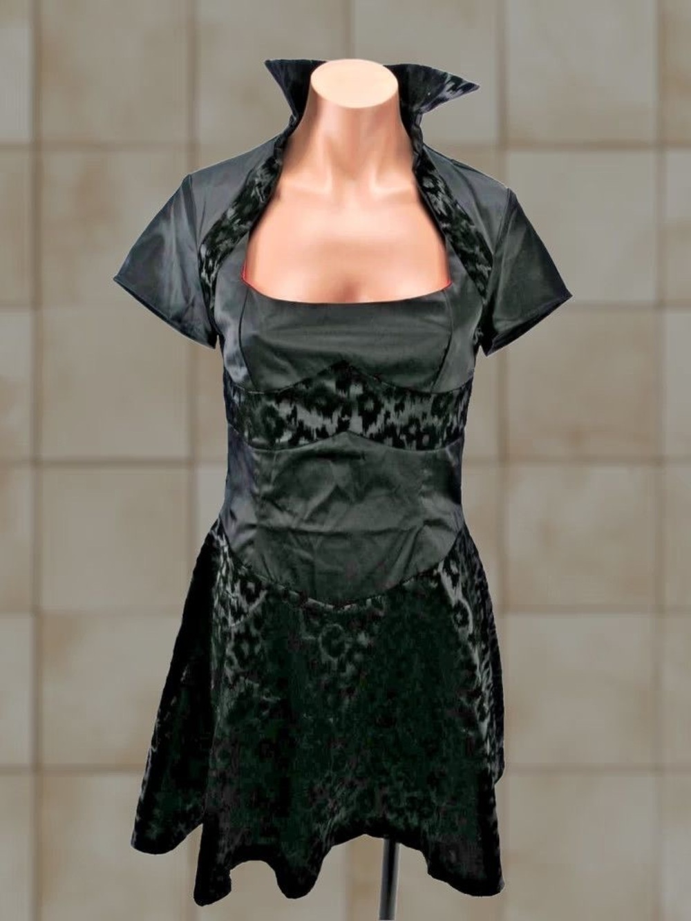 Living Dead Souls Black Satin & Velvet Square-Neck Mini Dress with Short Sleeves